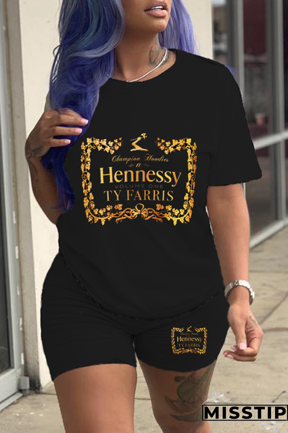 Black Gold Casual Print Patchwork O Neck Short Sleeve Two Pieces