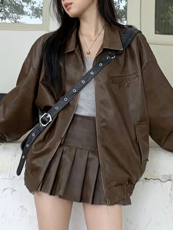Vintage Brown Lapel Neck Zip Up Leather Jacket