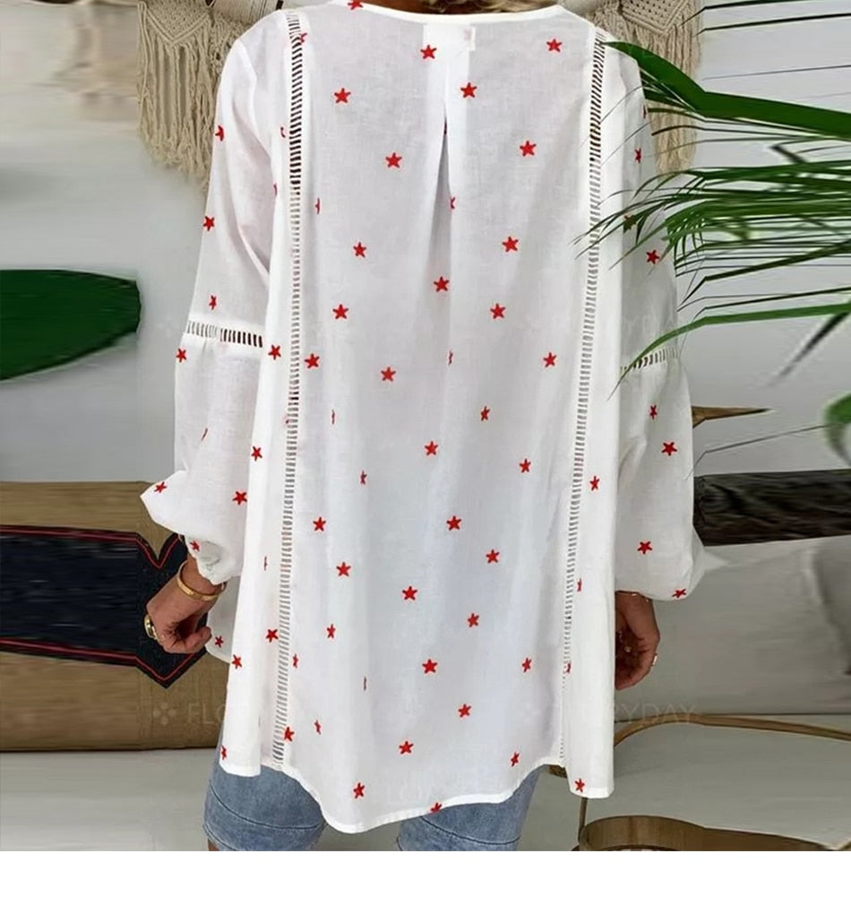 Women White Casual Lantern Long Sleeve Hollow Pentagram Printed Blouse Shirt