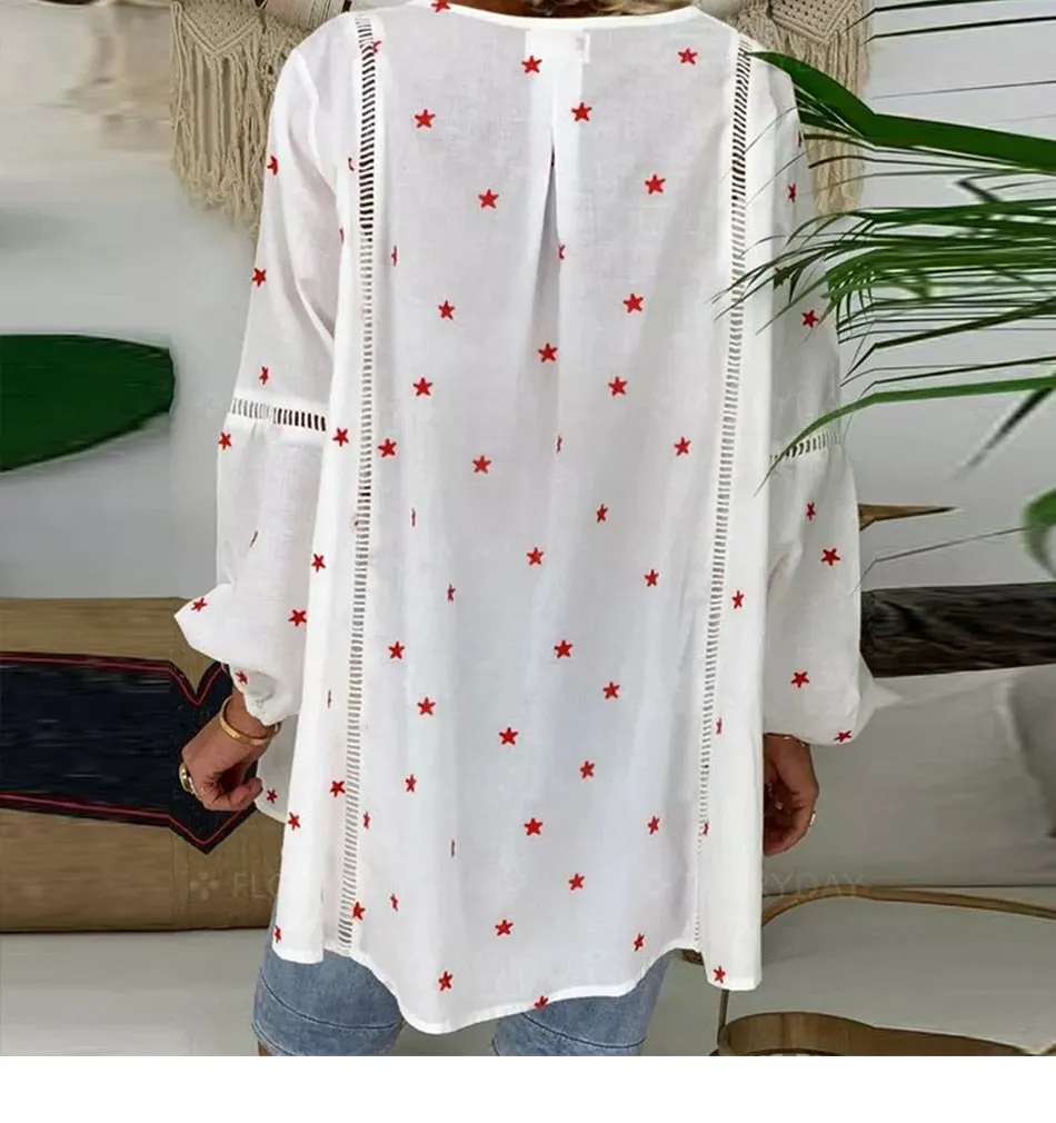 Women White Casual Lantern Long Sleeve Hollow Pentagram Printed Blouse Shirt