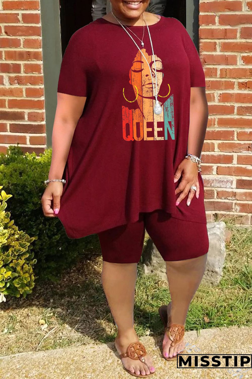 Grey Fashion Casual Print Basic O Neck Plus Size Two Pieces