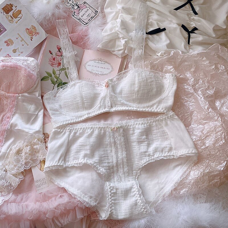 Retro girl sweet and sexy cotton bra with briefs set white lace princess no steel ring underwear set butterfly sling lingerie