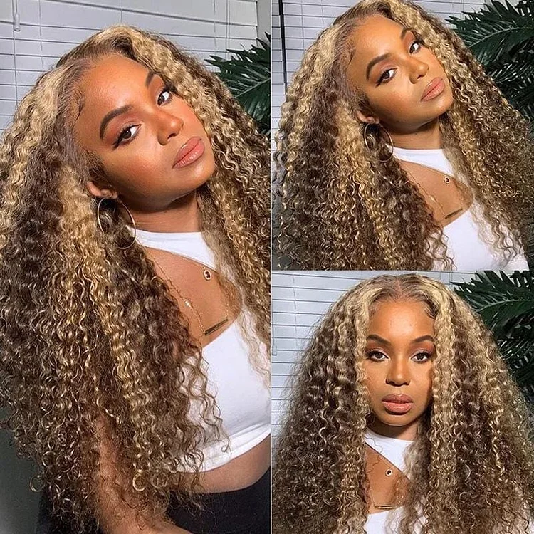 Honey Blonde Highlight Lace Front Wigs Ombre Color Jerry Curly Human Hair Wigs