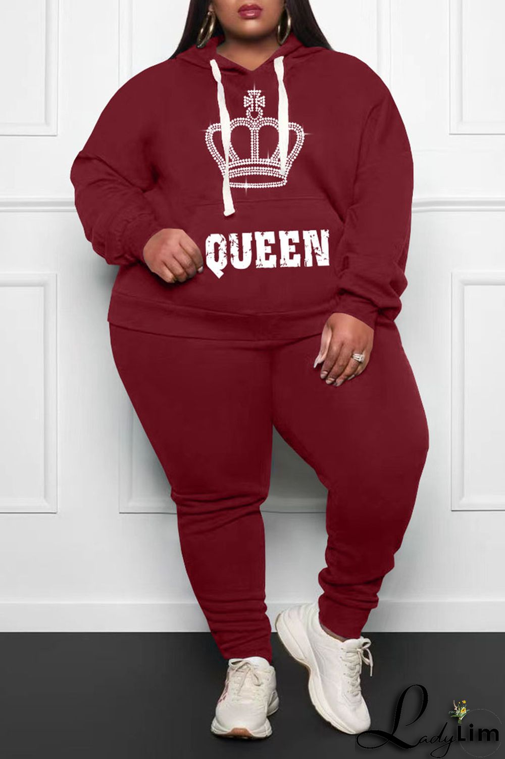 Pink Casual Print Patchwork Hooded Collar Plus Size Two Pieces