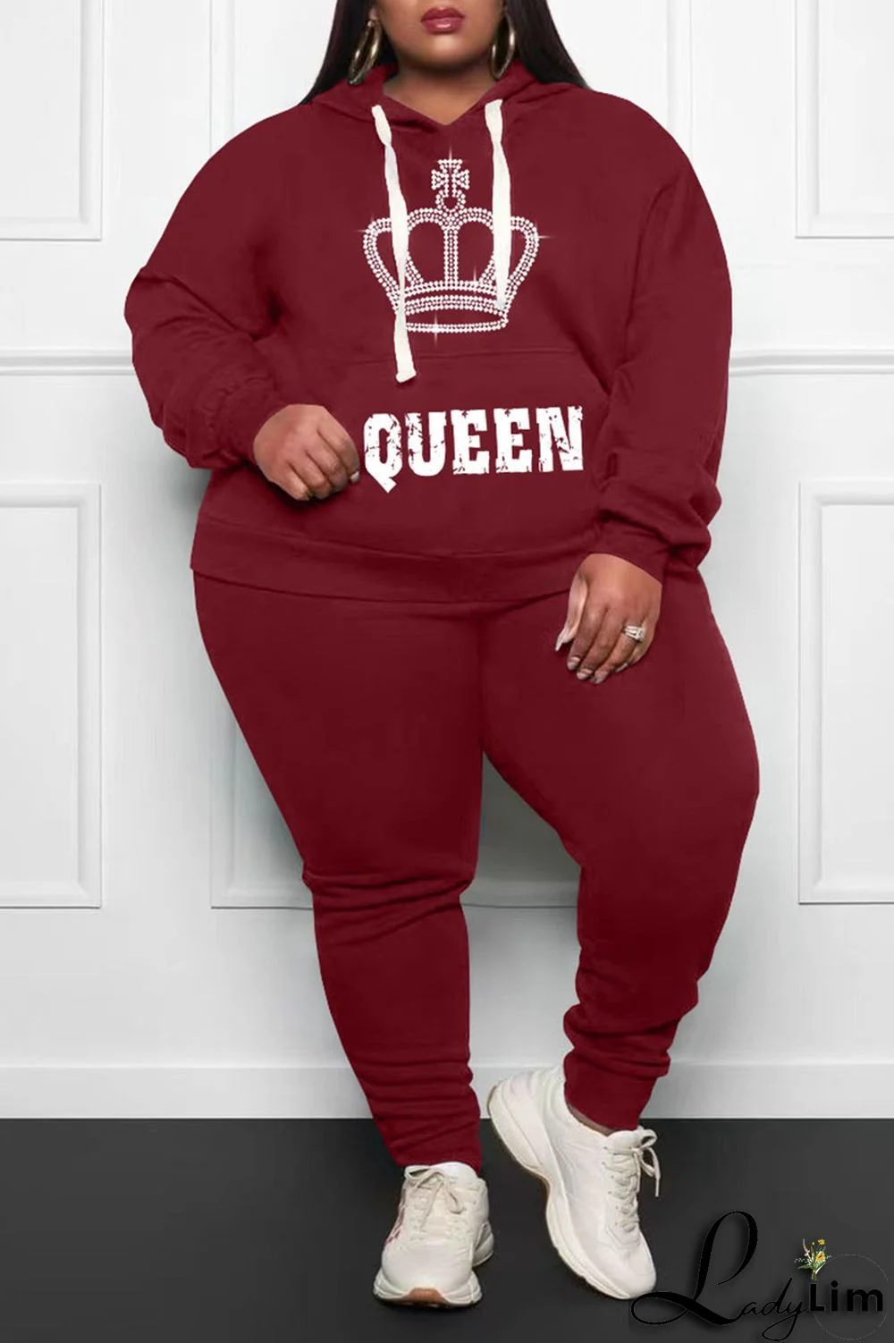 Pink Casual Print Patchwork Hooded Collar Plus Size Two Pieces