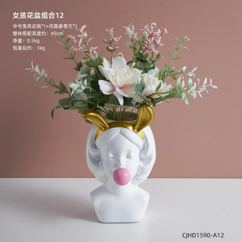Nordic style girl flower pot plant resin flower pot rabbit ear/cat ear girl potted modern living room decoration decoration gift