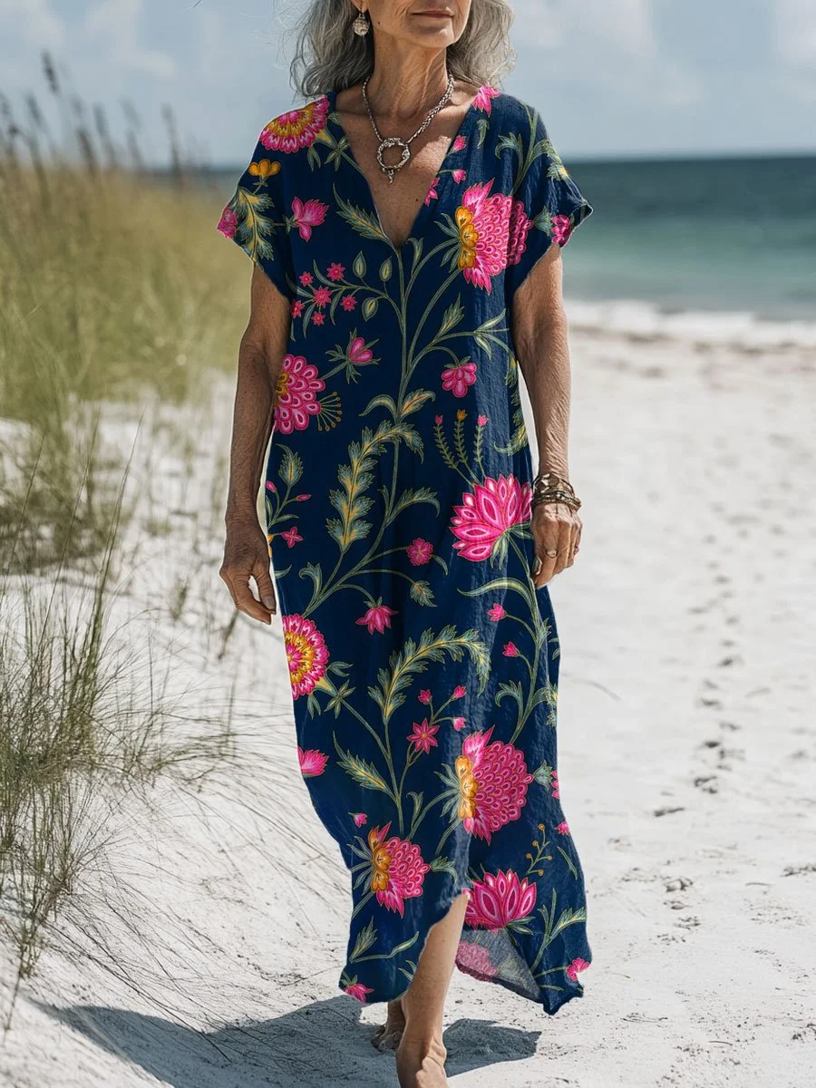 Women's  Floral  Art Print Pocket Cotton Dress