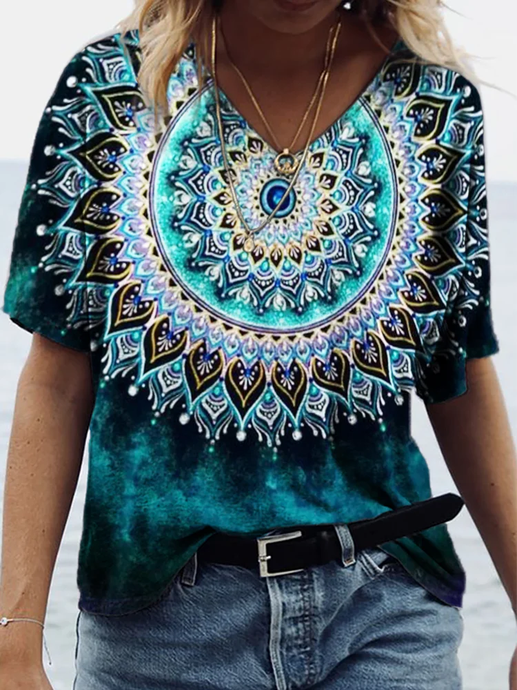 Turquoise Mandala Diamond Art V Neck T Shirt