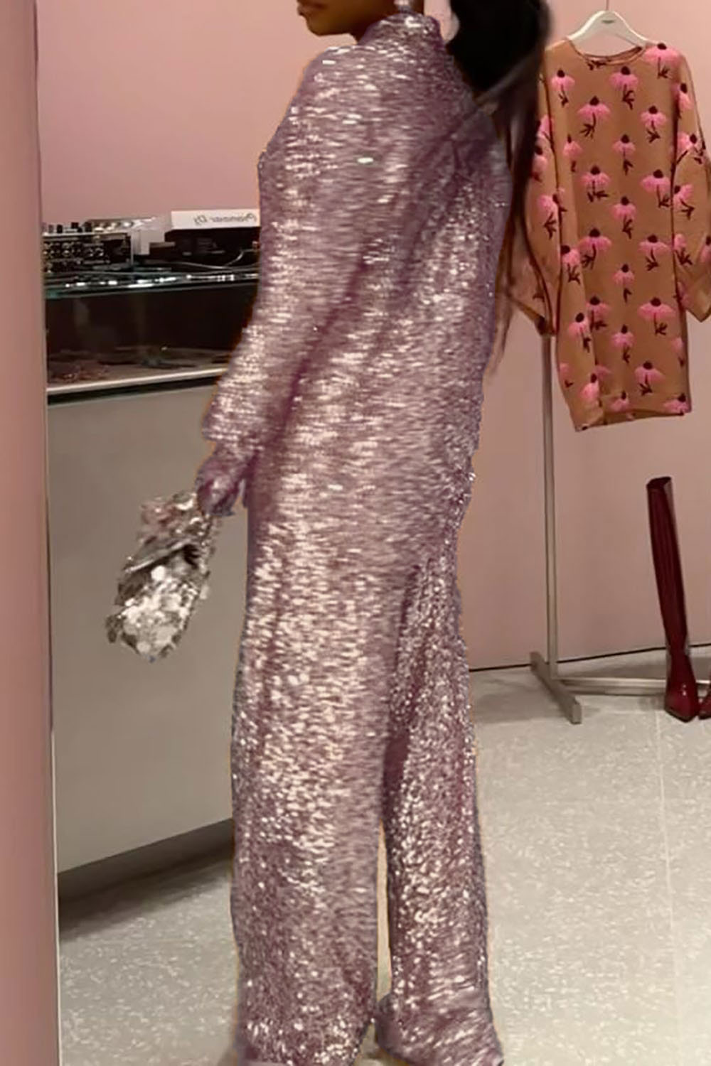 Plus Size Daily Pant Sets Elegant Rose Gold Fall Winter Shirt Collar Long Sleeve Contrast Sequin Two Piece Pant Sets [Pre-Order]