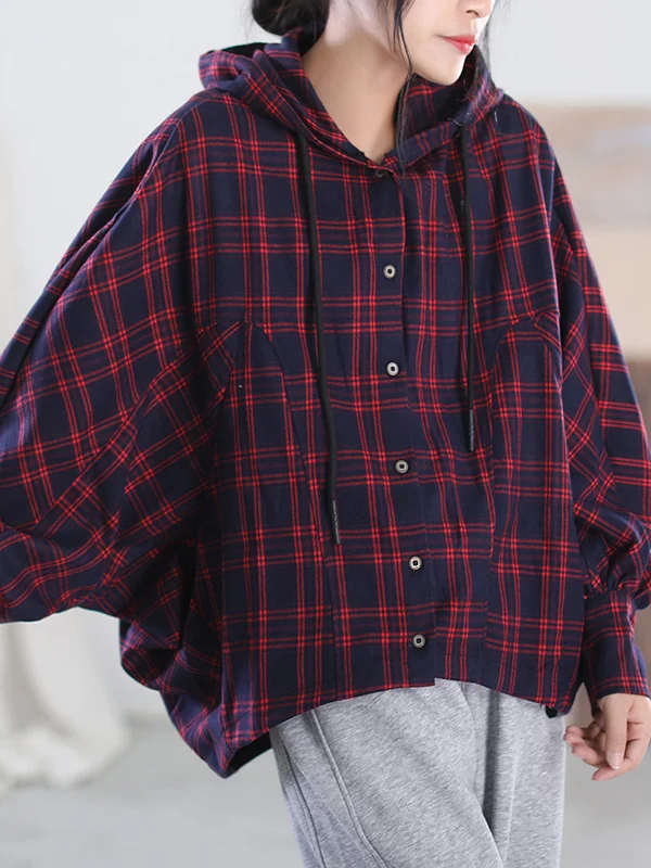 Vintage Batwing Sleeves Contrast Color Plaid Hooded Blouse