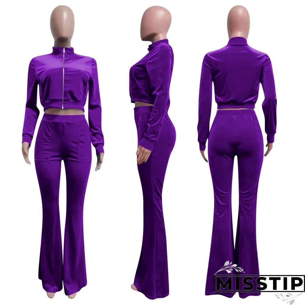 Velvet Solid Zip Jacket Crop Top Flared Pants Set