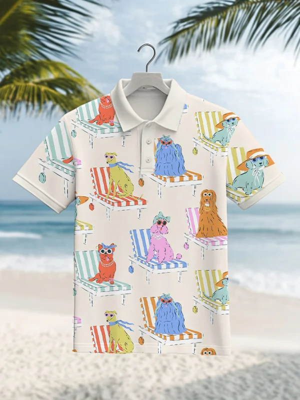 Men's Vacation Dogs Art Print Short Sleeve Polo Shirt