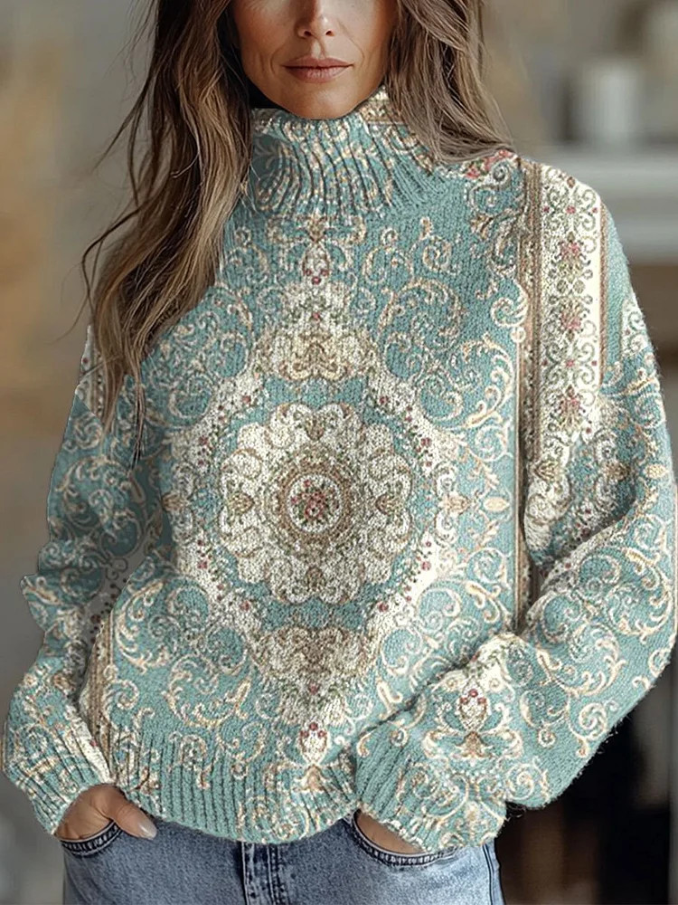 Vintage Symmetrical  Flowers Print Knit Turtleneck Pullover Sweater