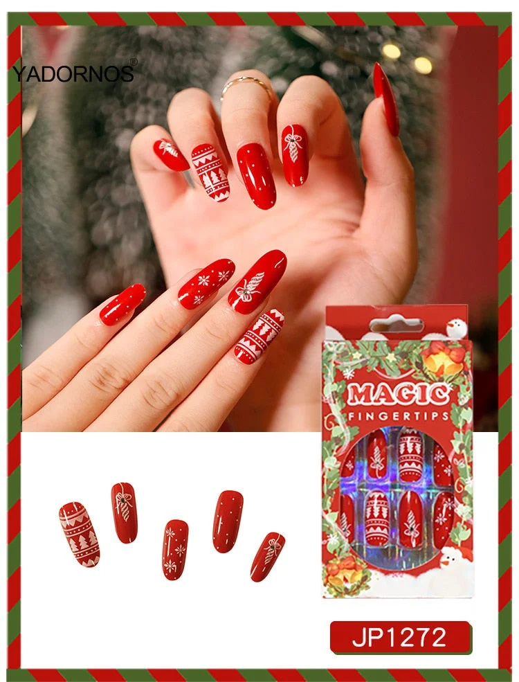 24pcs Christmas Stickers On Nails Patch Glue Type Removable Long coffin Paragraph Fashion Manicure free shipping press on nails-Nail Inspo