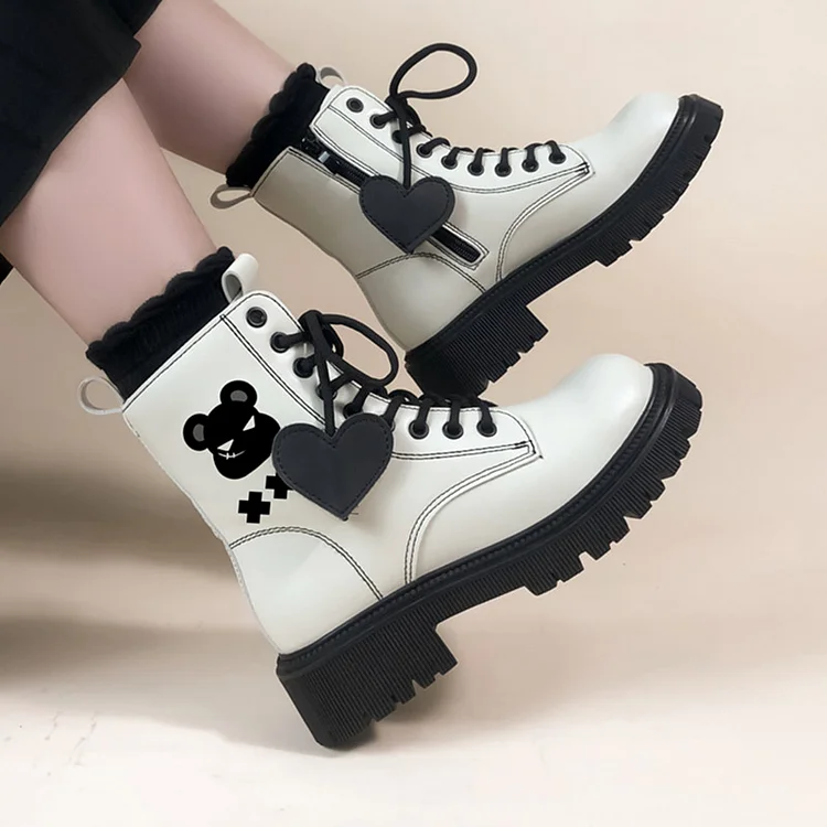 Bear Love Heart Round Toe Boots - Modakawa Modakawa