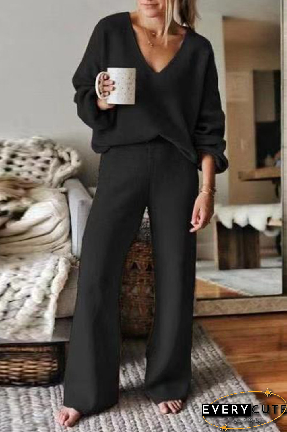 Casual Solid Split Joint V Neck Long Sleeve Two Pieces