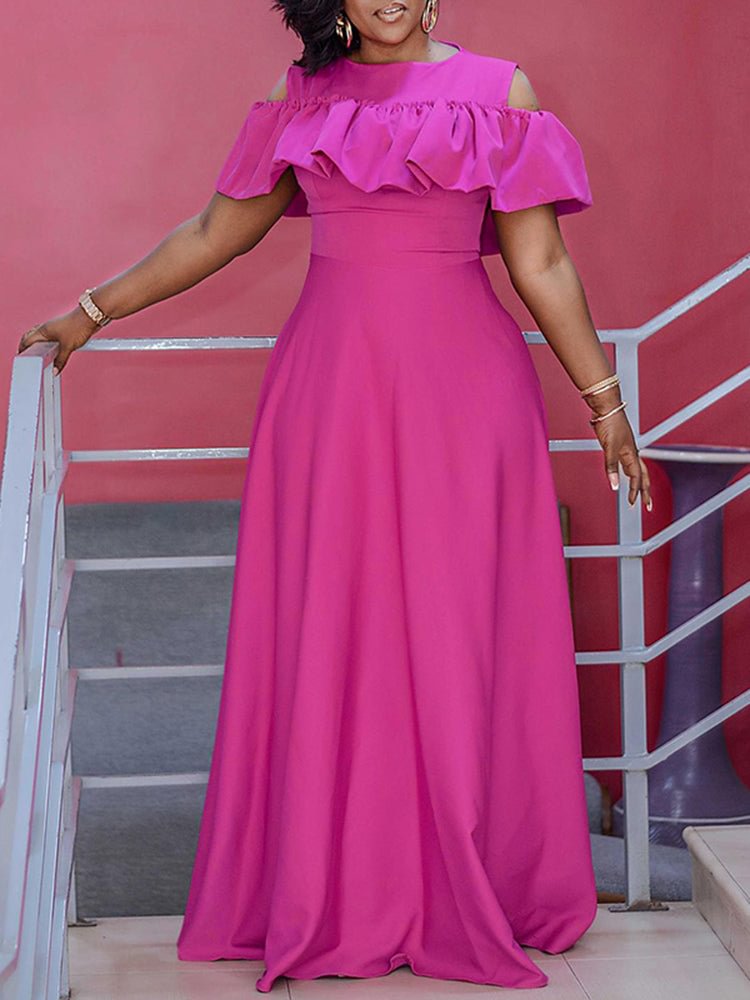 Solid Ruffle Cut Out Zip Round Neck Maxi Dress SKUJ33160 QueenFunky