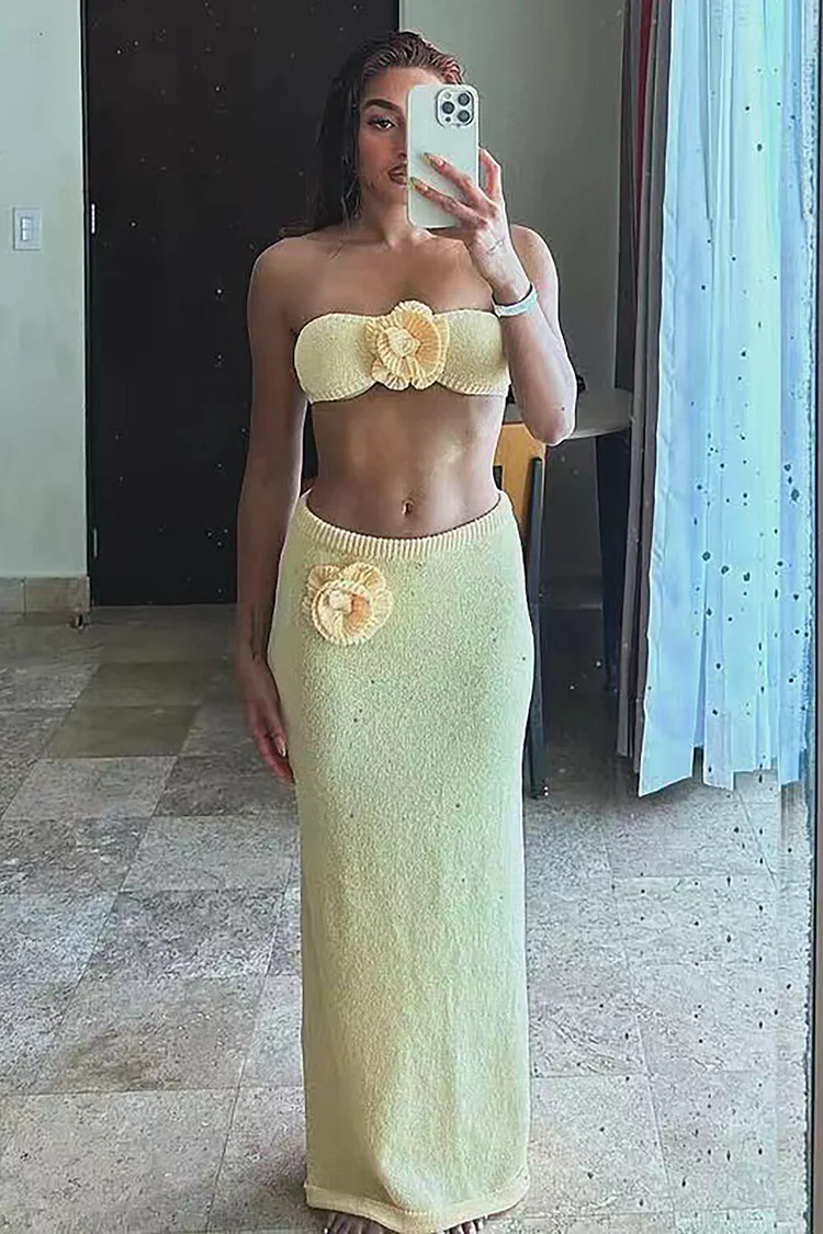 3D Flower Decor Knit Strapless Crop Top Slim Fit Maxi Skirt 2pcs Set-Yellow