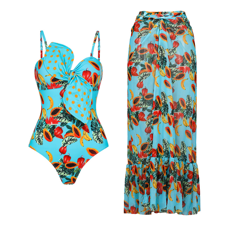 Flaxmaker Papaya Print Bowknot Decor One Piece Swimsuit and Sarong