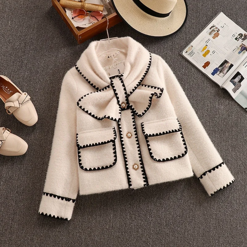 Graduation Gifts   High Quality Women White Bow Mink Jacket Coat For Female Slim Patchwork Pocket Outerwear Ladies Wool Short Coat Winter Clothes