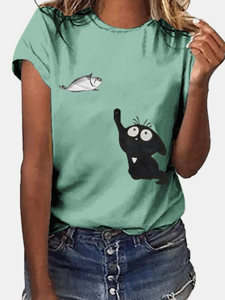 Cartoon Cat Fish Print Short Sleeve O neck T shirt For Women P1685182