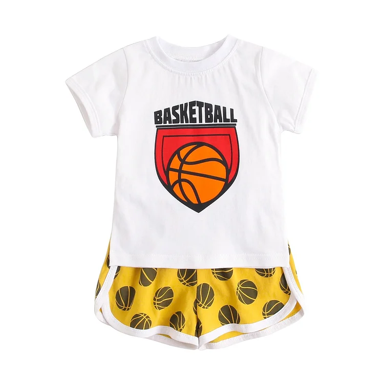 Baby Boy Cartoon Ball Print Crewneck Pullover T-shirt and Allover Ball Print Shorts Casual Set