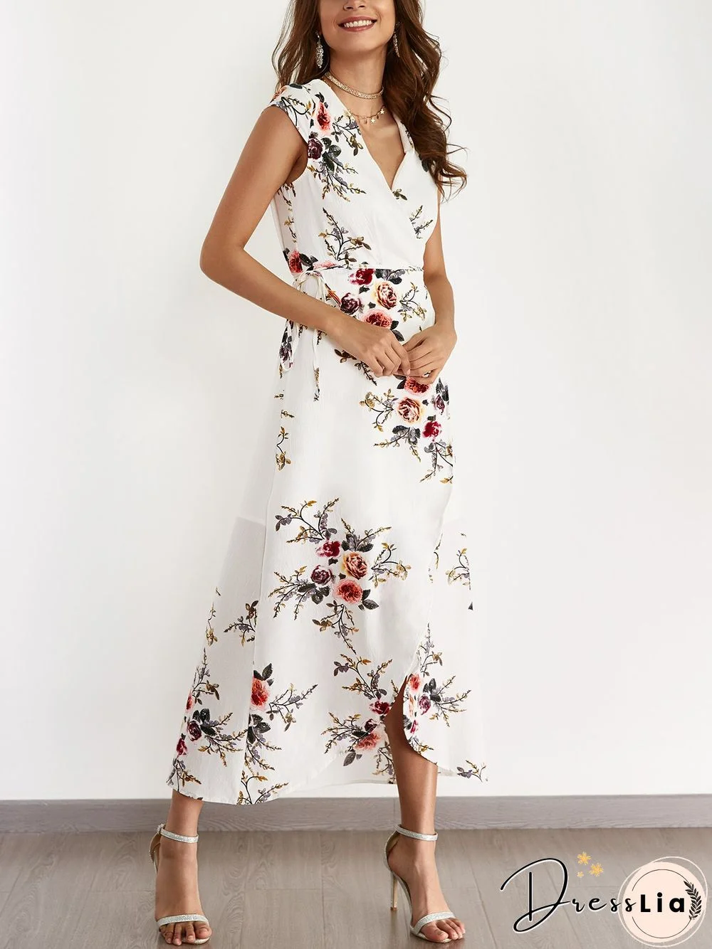 White V-Neck Random Floral Print Self-Tie Dress