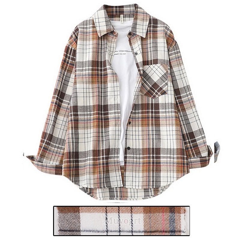 Plaid Shirts Womens Blouses And Tops Long Sleeve Female Turn Down Collar Casual Print Shirts Loose Vintage Students Shirts Tops
