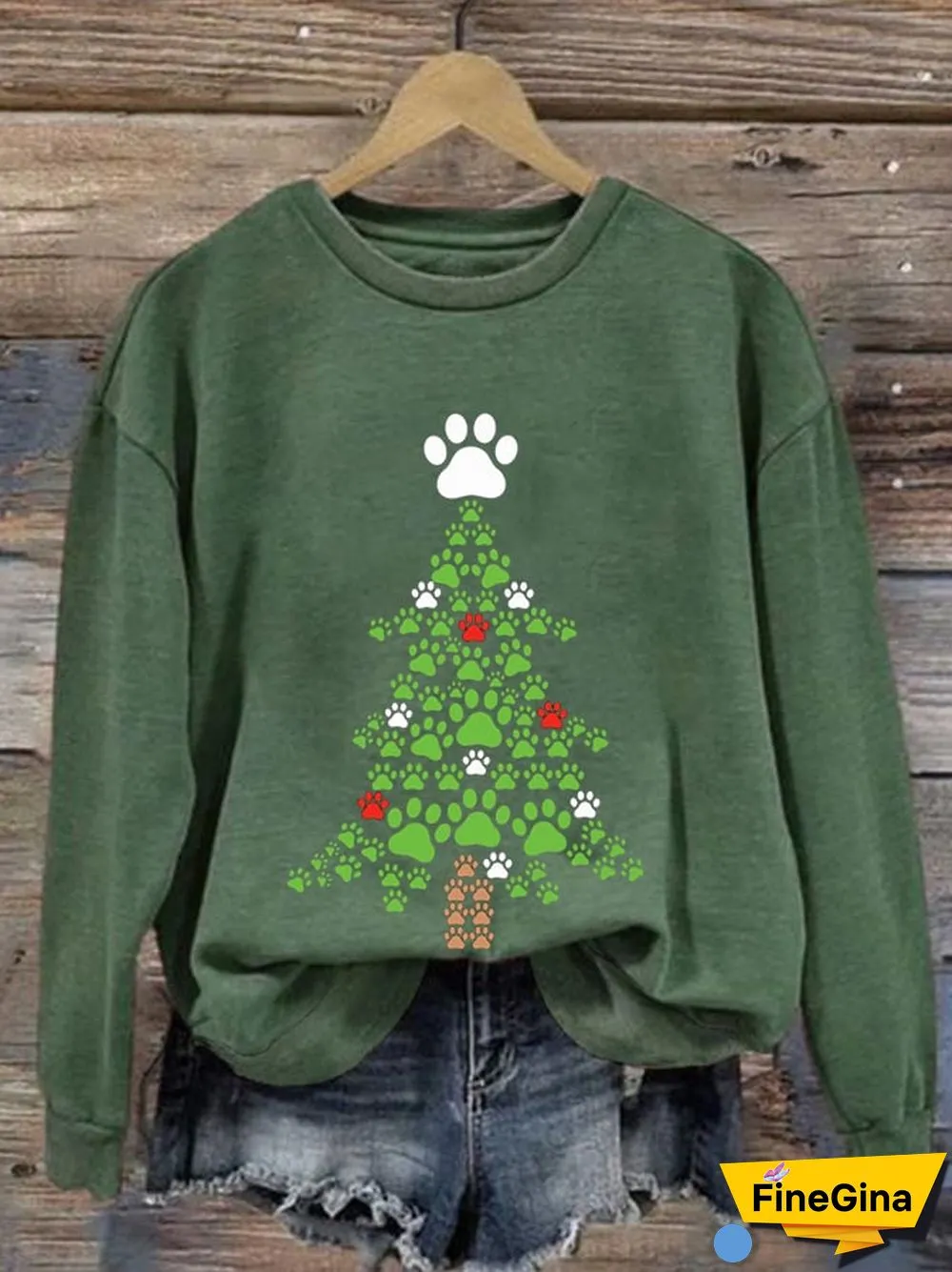 Women's Dogs Paws Christmas Tree Print Casual Sweatshirt