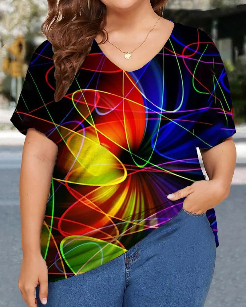 Light personality print V-neck plus size ladies short-sleeved T-shirt