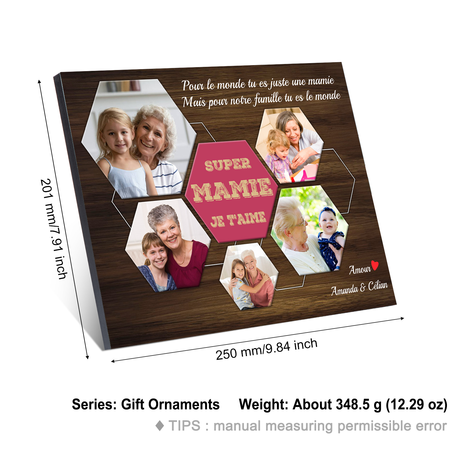 À ma Mamie - Cadre en Bois 2 Prénoms et 5 Photos Personnalisés Cadeau pour Super Mamie
