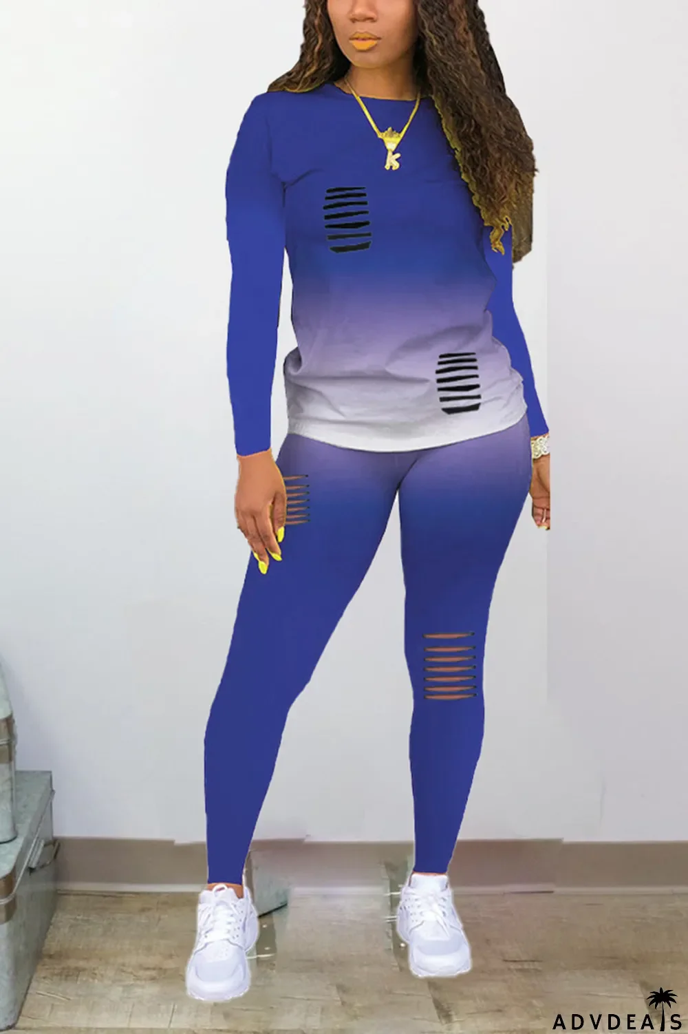 Purple Sexy Gradual Change Ripped O Neck Plus Size