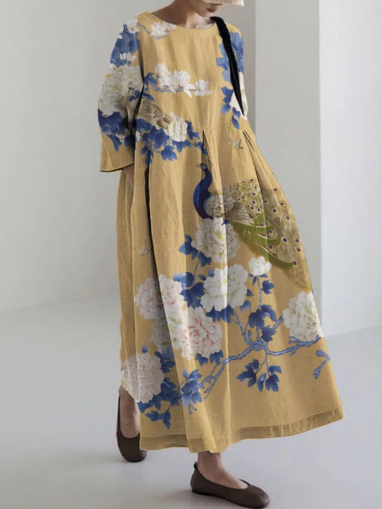 Classy Peacock Floral Japanese Art Linen Blend Maxi Dress