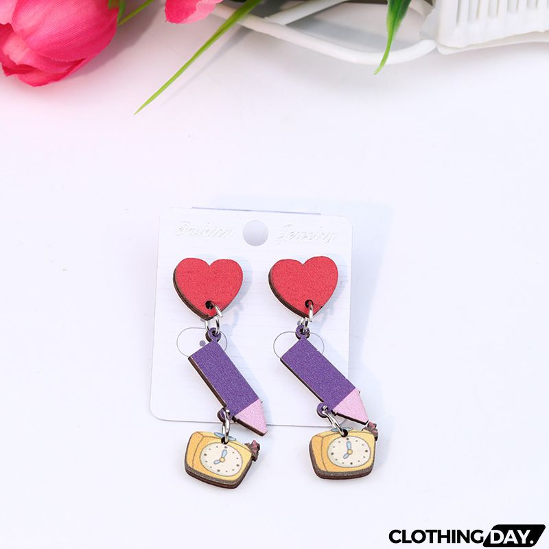Women's Creative Fashion Wood Printing Pencil Stripe Heart Earrings