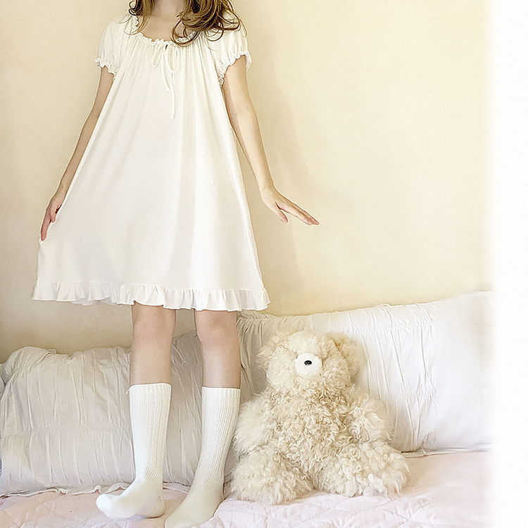 Kawaii Ruffles Bow Loose Nightdress - Gotamochi Kawaii Shop, Kawaii Clothes
