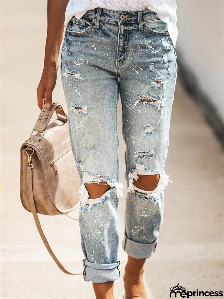 Women's Stretch Wash Effect Ripped Straight-Leg Street Style Jeans