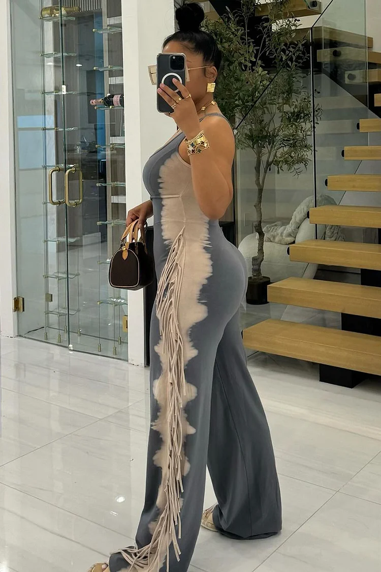 U Neck Cutout Wide Leg Side Fringed Sleeveless Jumpsuit-Grey [Pre Order]