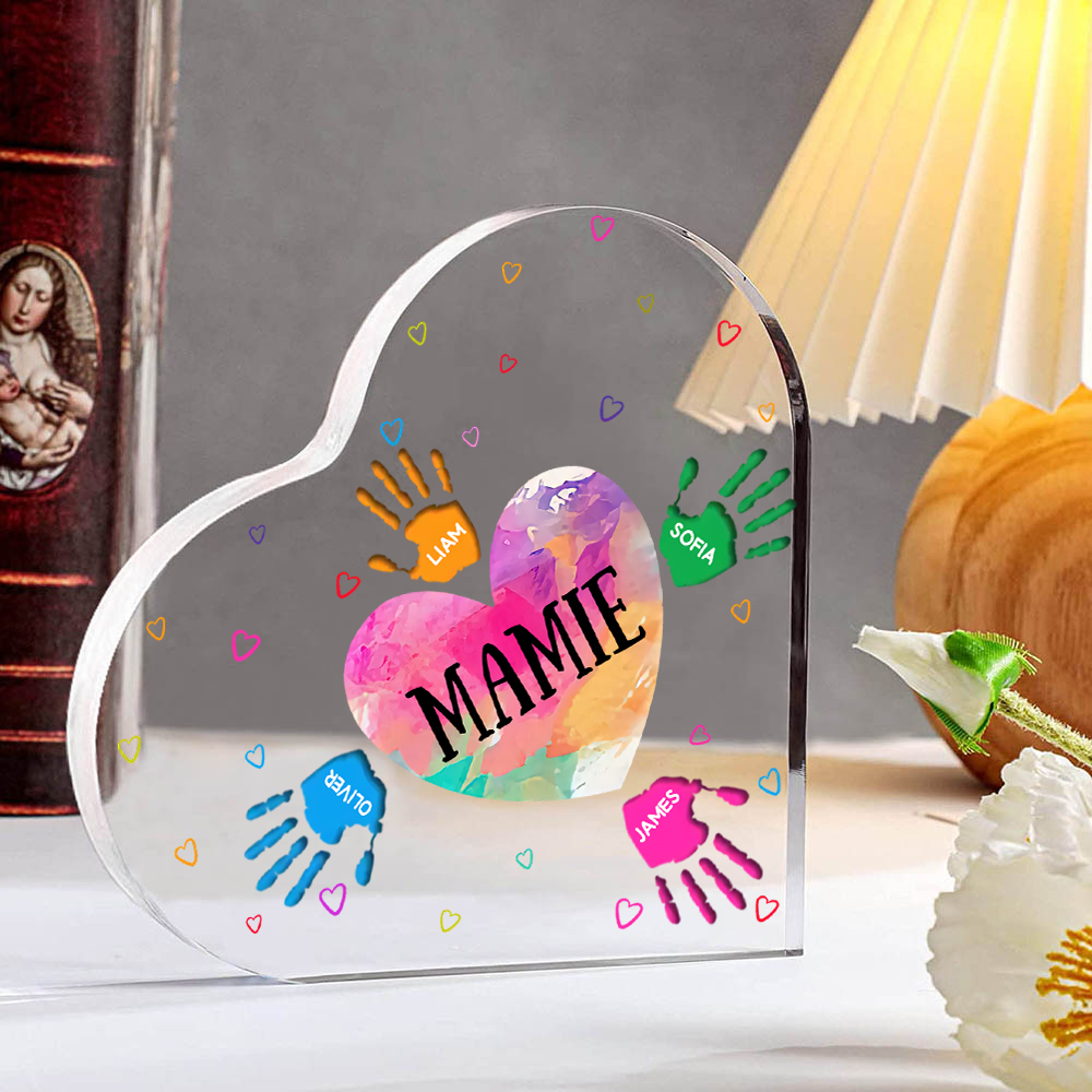 À ma Maman/Mamie - Plaque Acrylique Mains et Enfants en Forme de Cœur 5 Prénoms Personnalisés