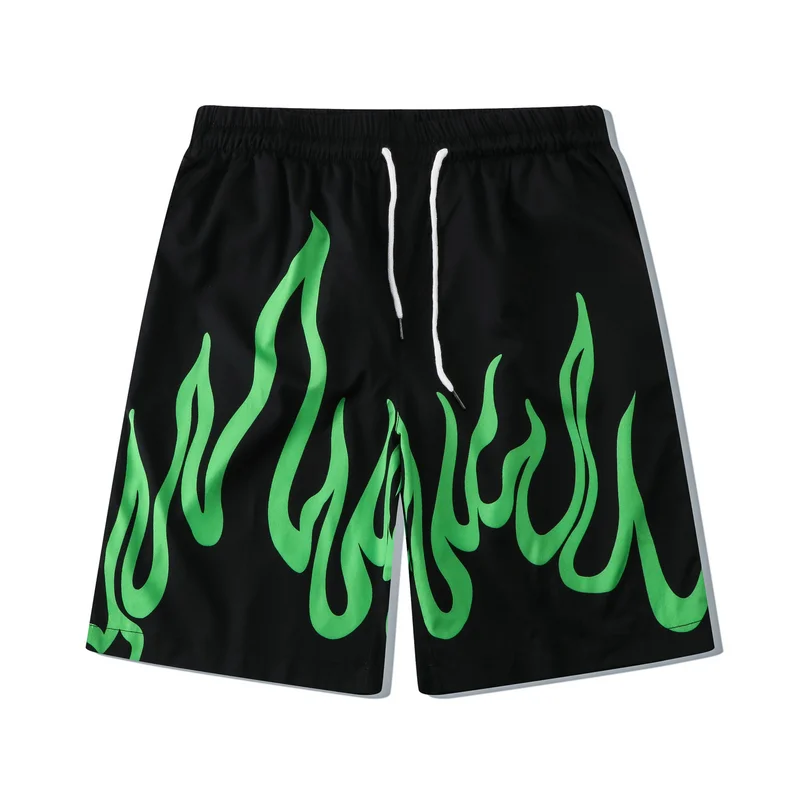 Abebey-Green Flame Print Summer Shirts and Shorts Tracksuits for Men Streetwear Casaul Oversized Hawaii Sets Loose Unisex Beach Clothes