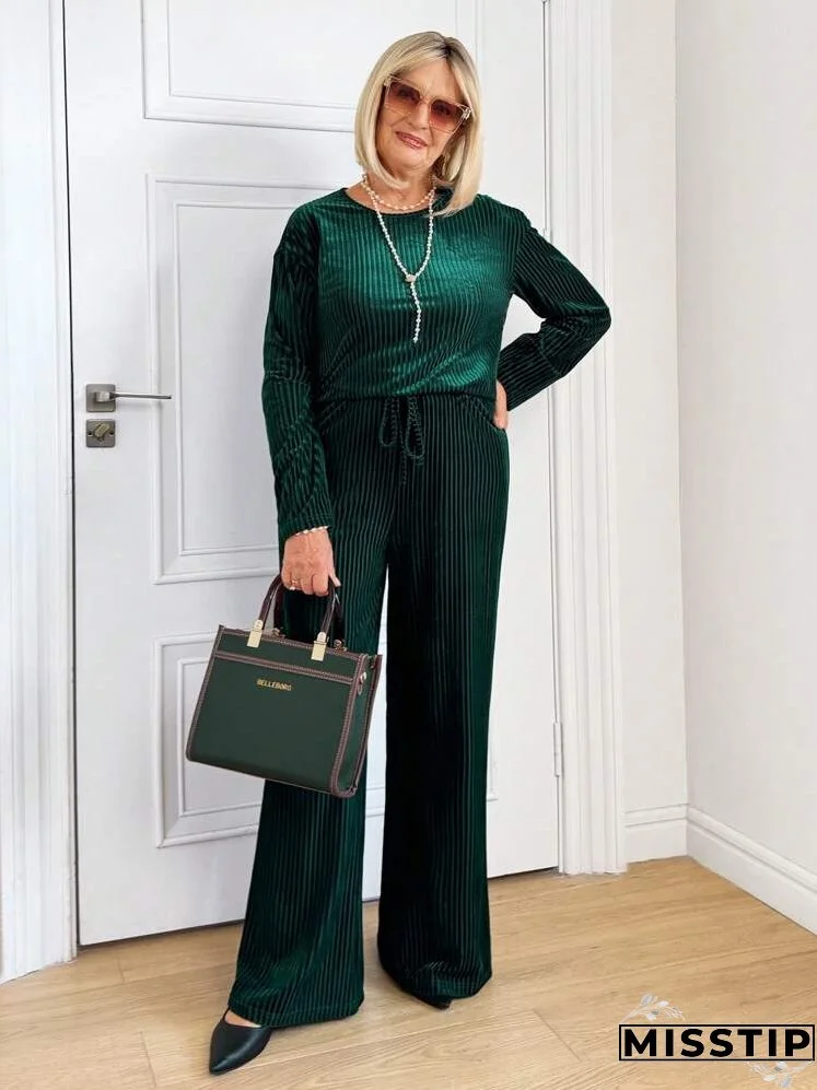 1set Women Velvet Stripe Top & Loose Pants, Olive Green, Suitable For Christmas, Autumn/Winter