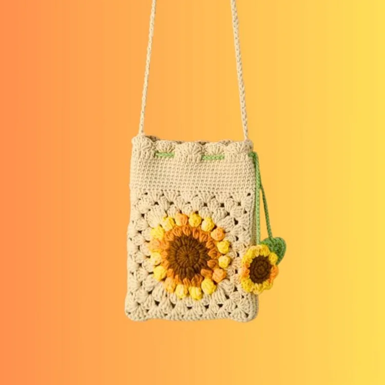 Lulusnow Handmade White Beige Sunflower Crochet Crossbody Bag Phone Bag