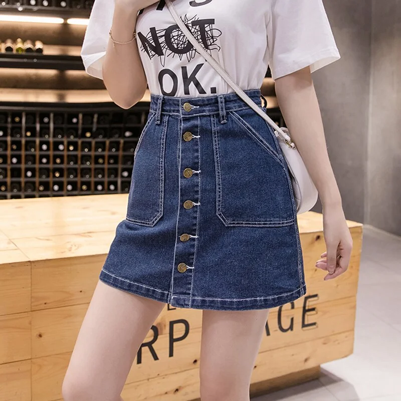 Zoki Plus Size Women Denim Skirt Korean Fashion Button Ladies Jeans Mini Skirt Casual High Waist A Line Pocket Black Blue Faldas