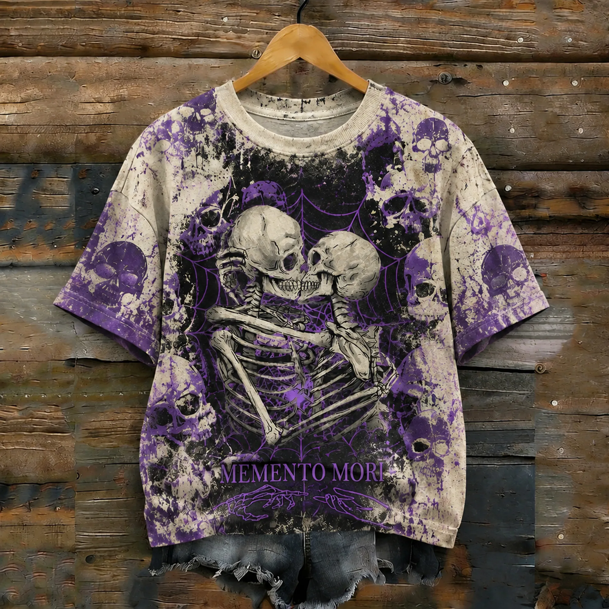 Vintage Distressed Grunge Goth Purple Skull Spider Web Graphic Memento Mori Skeleton Lovers T‑shirt artswardrobe
