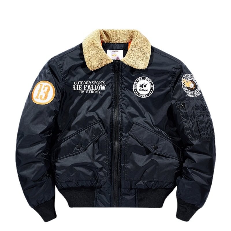Men's Aviator Embroidered Stand Collar Baseball Plush Padded Coat With Fur Collar Jacket-Compassnice®