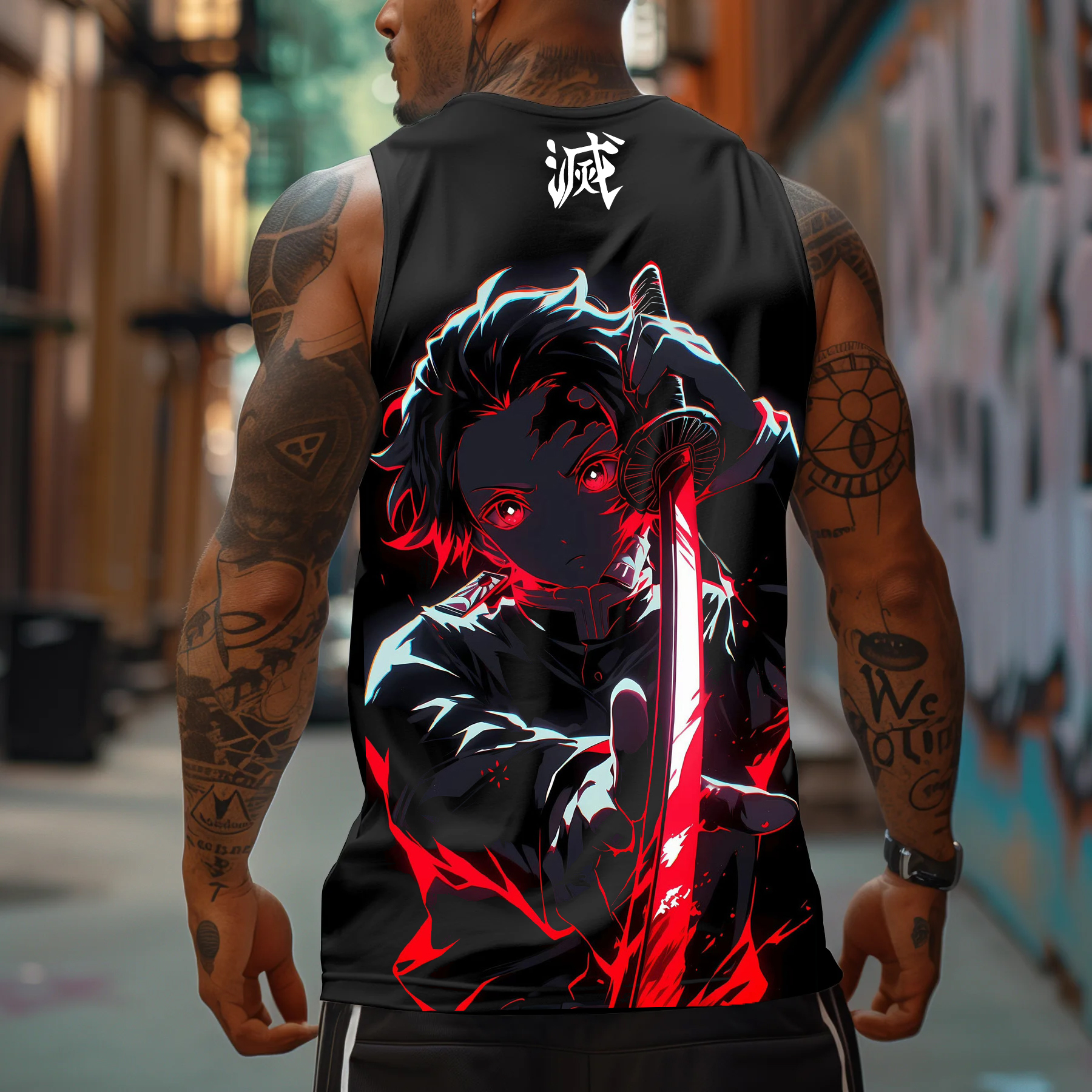 Men's Sports Fitness Fighting Hot-blooded Anime Logo Printed Casual Vest / TECHWEAR CLUB / Techwear