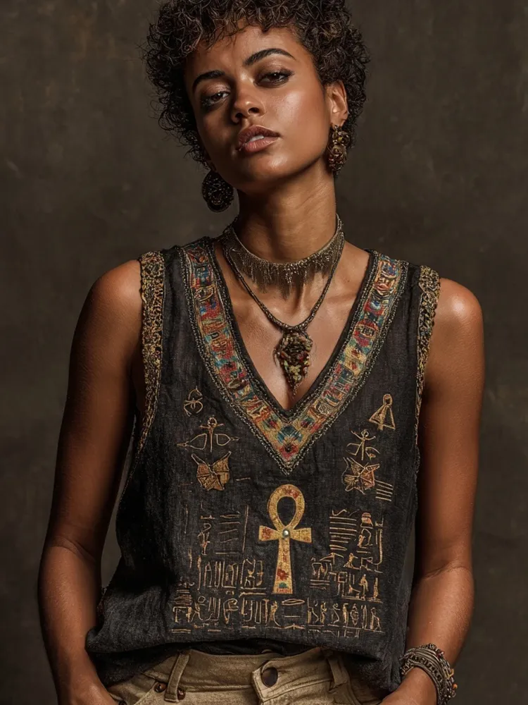 Egyptian Ankh Vintage V Neck Linen Tank Top