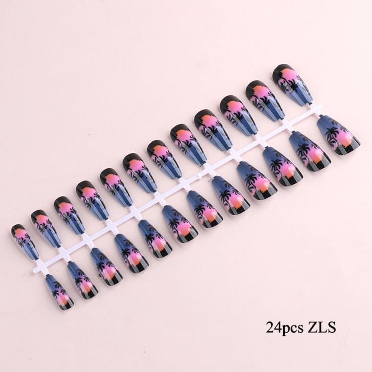 24pc Sunset False Nails Wearable Press On Fake Nail Tips With Design Coffin Ballerina Artificial Fingernails Accessories LACSH24