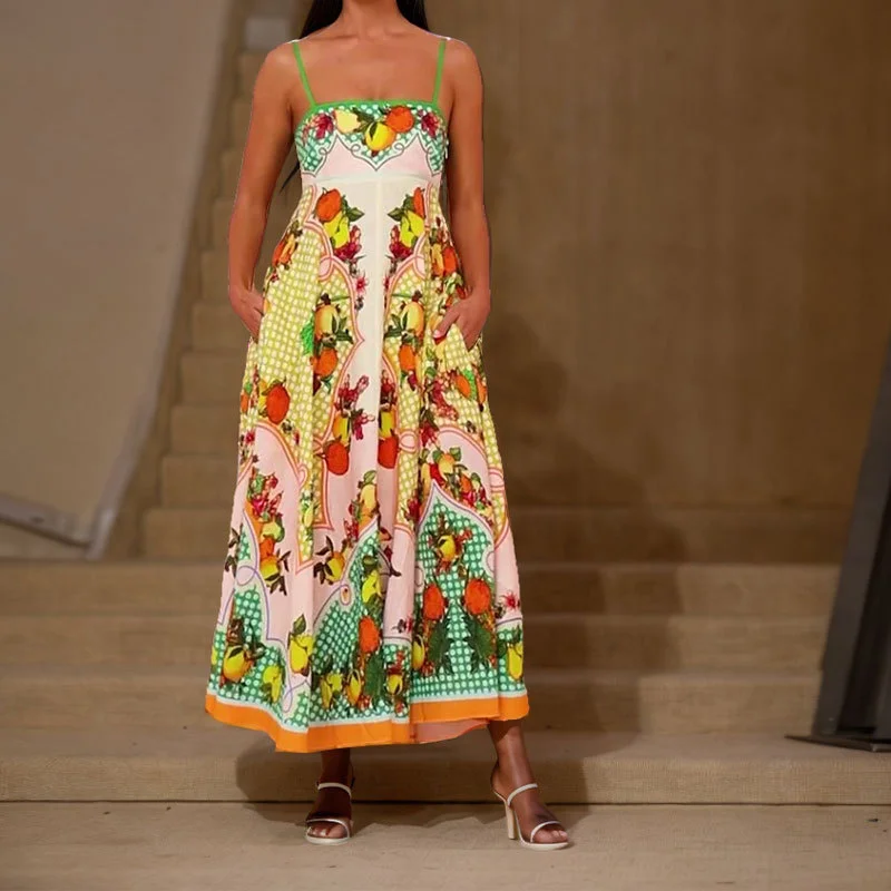 Uveng Uveng 2024 New Women's Sleeveless Strapless High-Waisted Print Long Strap Dress