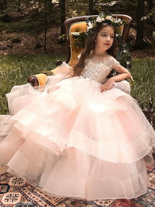 Oknass Princess Sleeveless Jewel Neck  Flower Girl Dresses  Polyester With Bow Embroidery