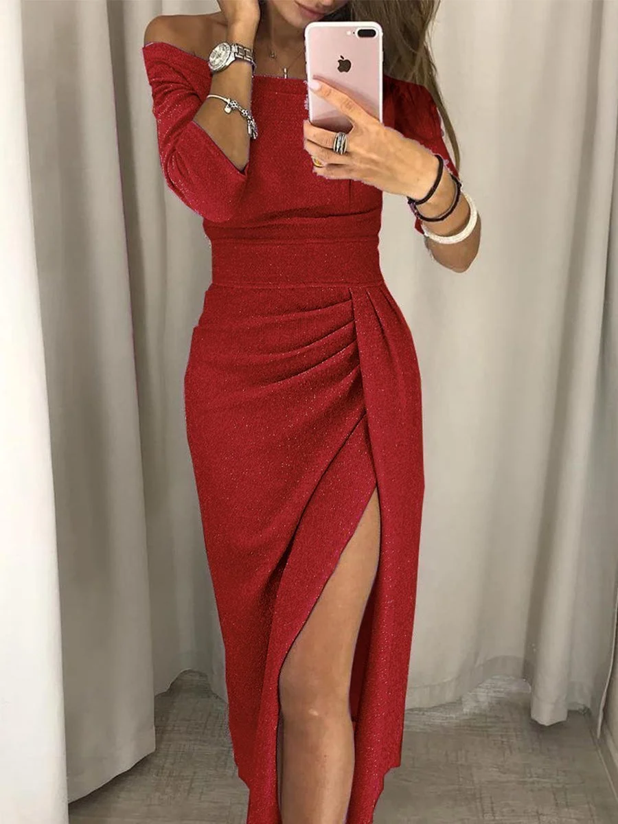 Fashion Off Shoulder Solid Color Bodycon Maxi Dress